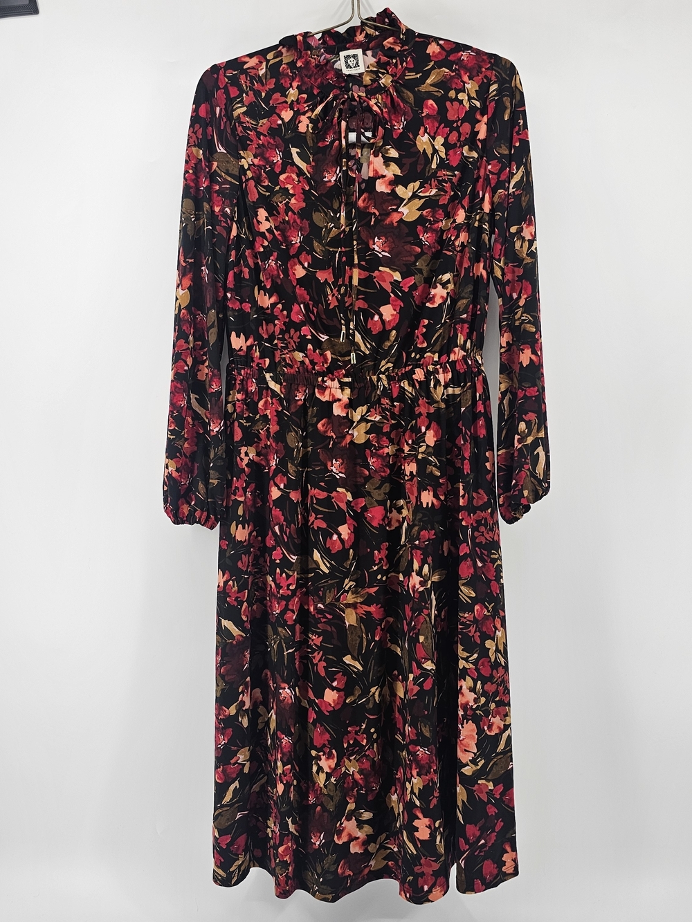 Anne Klein Dark Floral Ruffle Neck Midi Dress - Size 10